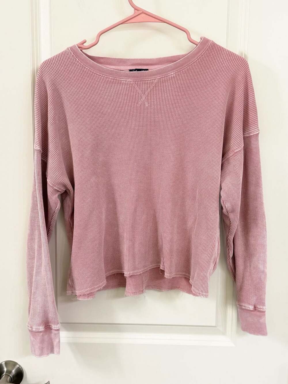 Splendid Pink Waffle Knit Raw Hem Thermal Long Sleeve Top
